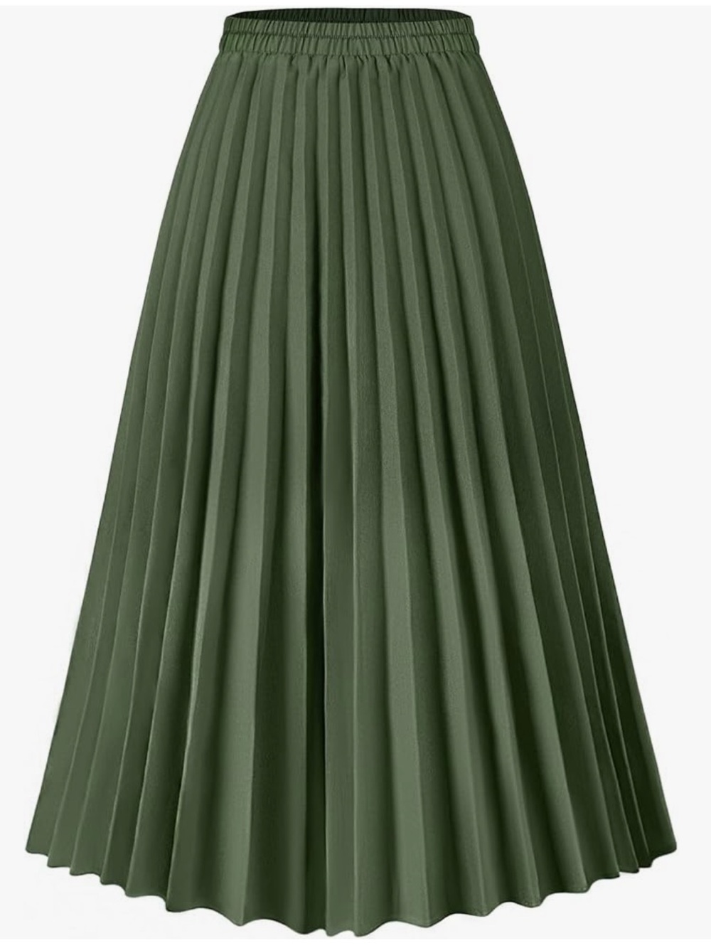 Olive Green Pleated Midi Skirt – High Waisted A-Line